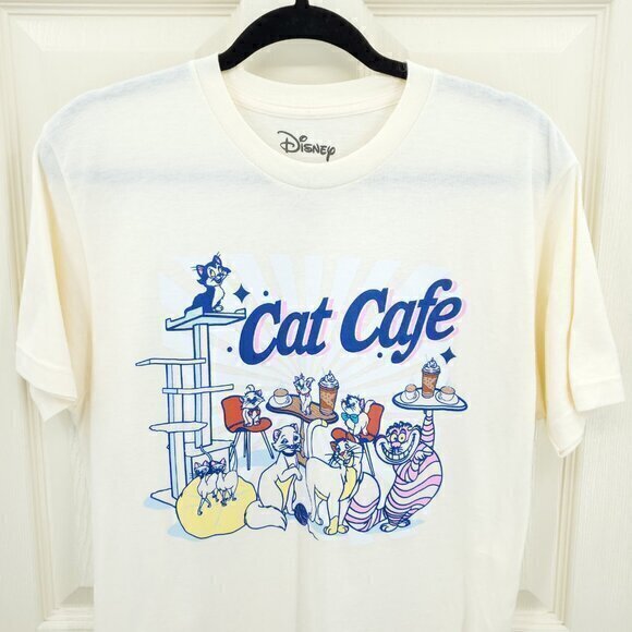 Disney Cat Cafe Graphic Short Sleeve T-Shirt M Cream/Blue - Picture 4 of 11